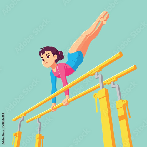 A cartoon illustration of a young gymnast performing a balance exercise on parallel bars.