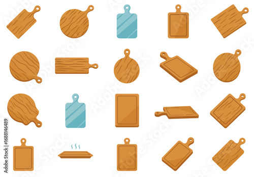 Assortment of cutting boards a tray with steam lines Varied shapes materials and orientations Simple cartoonish style
