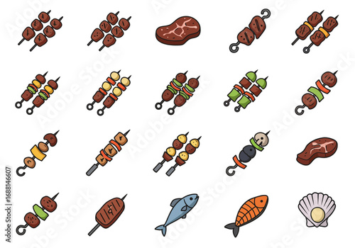 Cartoon illustration of various grilled items and seafood