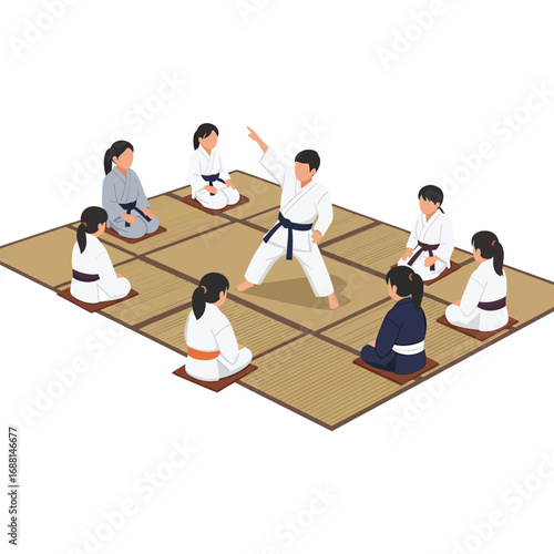 Karate instructor guides students in a seated class, demonstrating techniques on tatami mats.