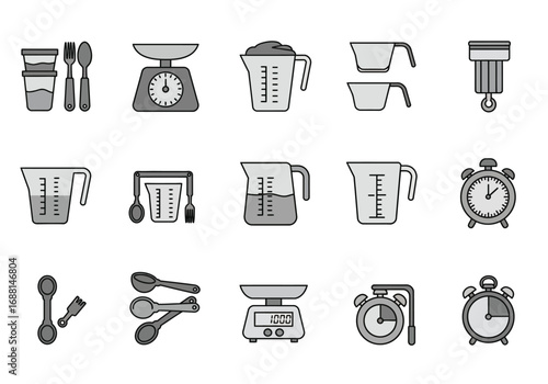 Culinary tools arranged in rows measuring cups spoons scales and timers
