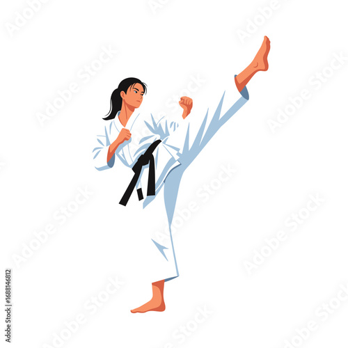 A female karateka executes a powerful high kick, demonstrating skill and focus in her white gi and black belt.
