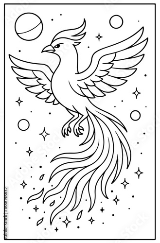 Lunar Phoenix Outline Coloring Page for Fantasy Celestial Coloring Books