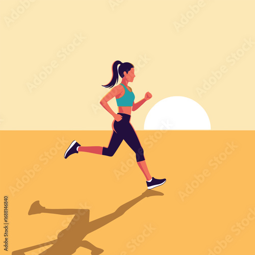 Woman jogging at sunrise across a flat, sandy landscape.  Her determined stride and long shadow emphasize her fitness journey.