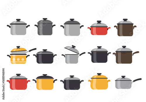 Fifteen cartoon cooking pots  pans sit on a white background in a variety of styles and colors