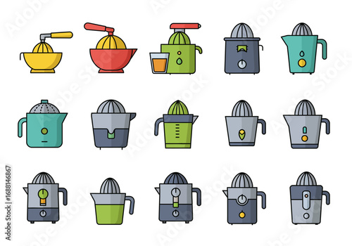 Fifteen juicers of various types and colors are displayed in three rows