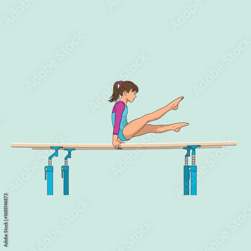 Young gymnast performing a balance exercise on uneven parallel bars.