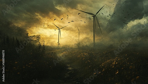 Three wind turbines stand in a field of yellow flowers under a dark, stormy sky, with birds flying around them.