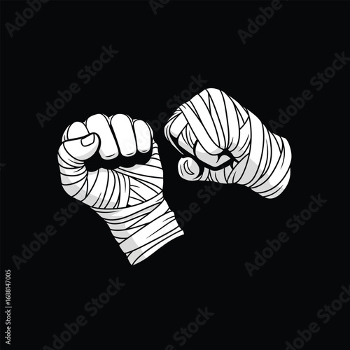 Two clenched fists wrapped in white bandages, set against a solid black background.