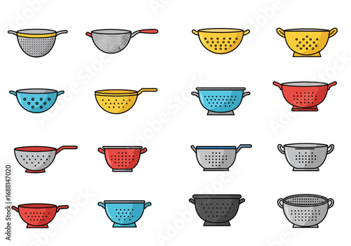 Graphic collection of colorful vector colanders arranged in rows