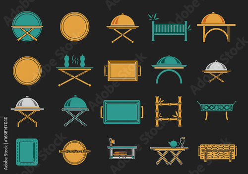 Graphic of various furniture items like tables trays  benches on a dark background
