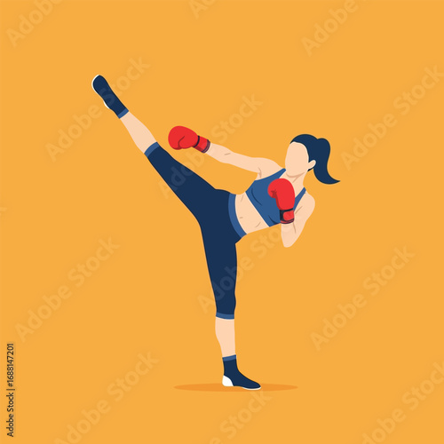 A stylized illustration of a female kickboxer in action.