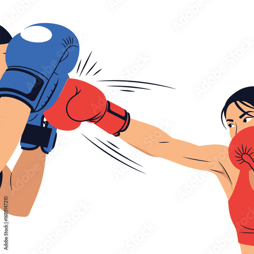 Two female boxers in a dynamic boxing match, one delivering a punch.