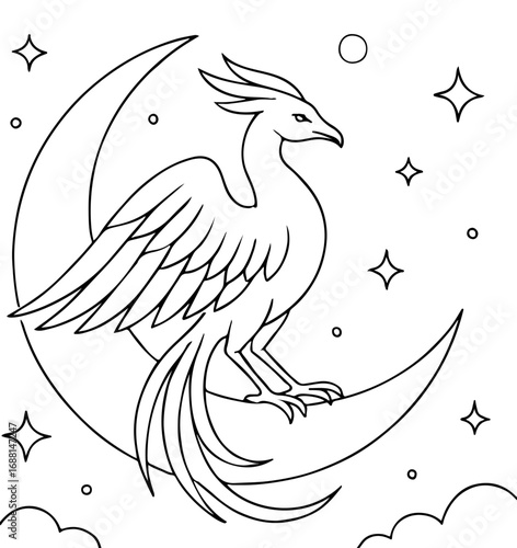 Lunar Phoenix on Crescent Moon Outline Coloring Page for Fantasy Celestial Coloring Books
