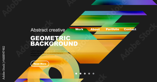 Abstract website mockup features vibrant geometric shapes, text overlay, navigation menu. Dark background enhances colorful design elements.