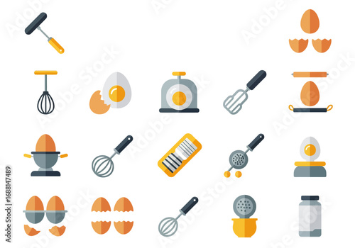 Many icons depict baking elements eggs whisks graters a rolling pin and a container