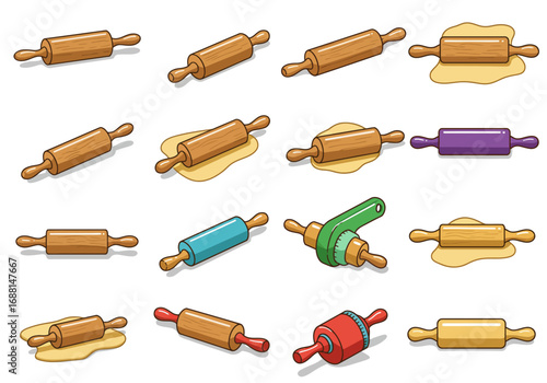 The image displays 15 cartoon rolling pins with various colors and dough on a white background