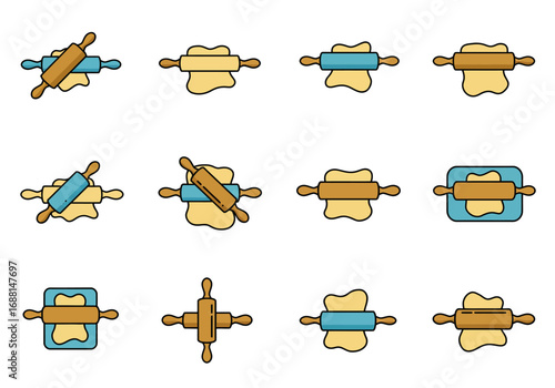 Twelve icons show rolling pins some atop dough or within rectangular containers