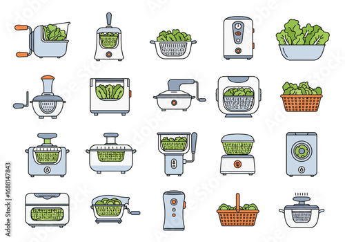 Twenty drawings of various salad spinners and containers filled with leafy greens arranged on a white background