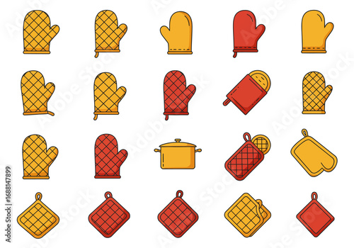Twenty kitchen items in goldred potholders mitts pot Outlines on white