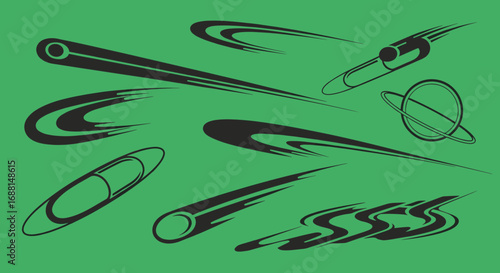 A set of vector graphics depicting comets and asteroids in motion.