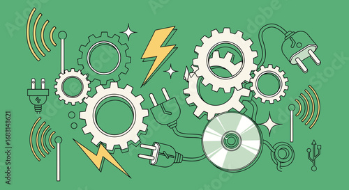 A graphic illustration of interconnected technology concepts including gears, electricity, data storage, and wireless communication.