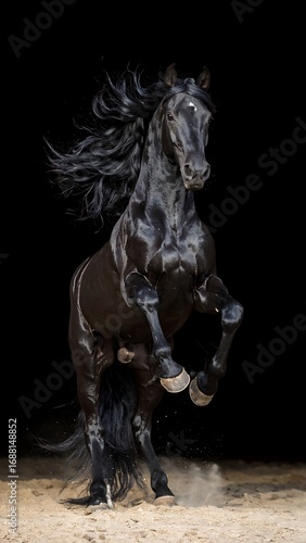 Powerful black horse rearing in mid-air