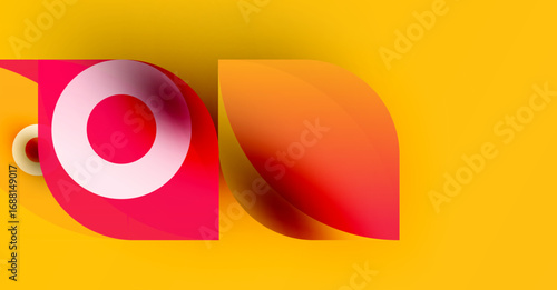 Abstract design features overlapping colorful shapes. Red, orange, yellow hues dominate composition. Modern, vibrant aesthetic.