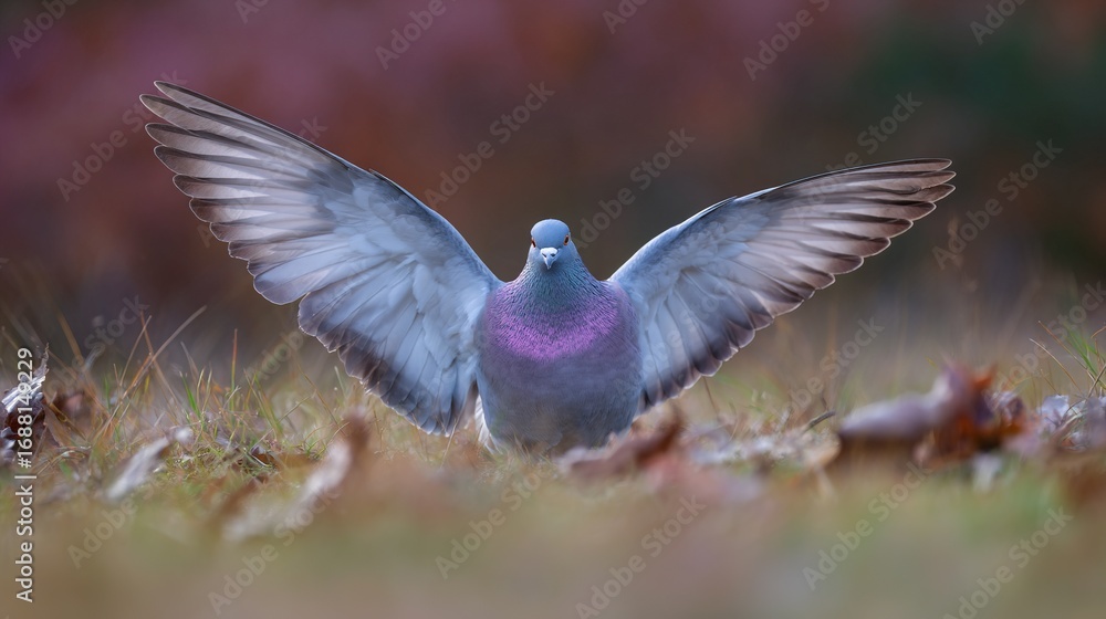 Obraz premium A full-bodied grey pigeon with a purple and pink head, wings spread wide, standing on a lush grassy field, showcasing its detailed feathers and vibrant head colors in a natural outdoor setting.