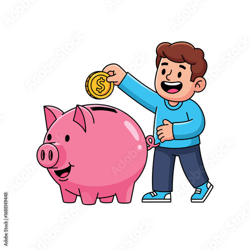 Cheerful kid saving money by putting a gold coin into a pink piggy bank, a charming illustration representing childhood savings, investment, and financial planning