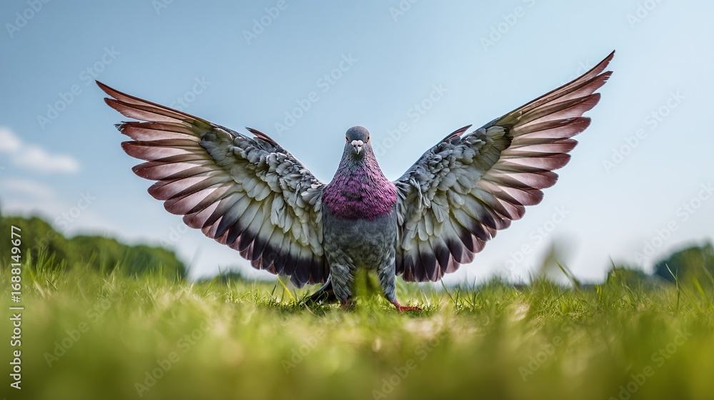 Obraz premium A full-bodied grey pigeon with a purple and pink head, wings spread wide, standing on a lush grassy field, showcasing its detailed feathers and vibrant head colors in a natural outdoor setting.