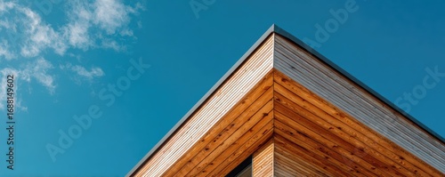 Exterior corner of a wooden building against a clear blue sky