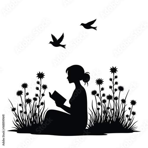 Silhouette of woman reading book in field with flowers and birds