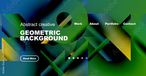 Abstract geometric background design. Vibrant colors, shapes create modern website header or banner. Includes navigation options, text areas.