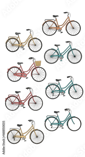 A collection of vintage style bicycles showcasing classic design elements and diverse color palettes for everyday commuting and leisure rides