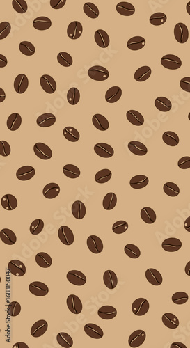 A seamless pattern of dark roasted coffee beans scattered artistically on a warm beige background for a cozy cafe ambiance