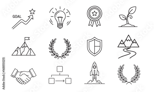 Business Success and Growth Icon Set – Achievement, Innovation, Leadership, Strategy, Startup Vector Illustration