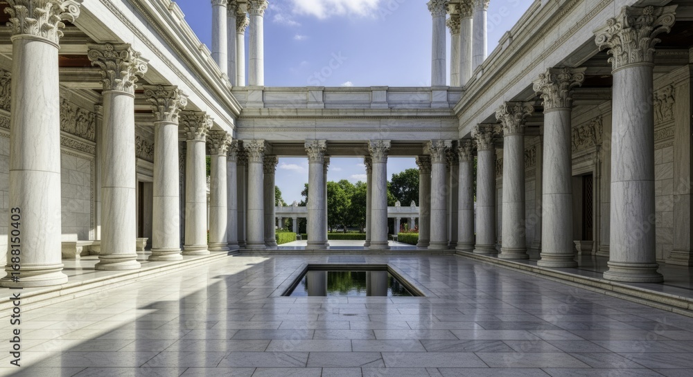Fototapeta premium Majestic classical architecture featuring a grand courtyard with white marble Corinthian columns, a serene reflecting pool, and lush green gardens under a clear blue sky.