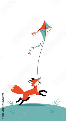 A joyful fox leaping and chasing a colorful kite on a bright sunny day
