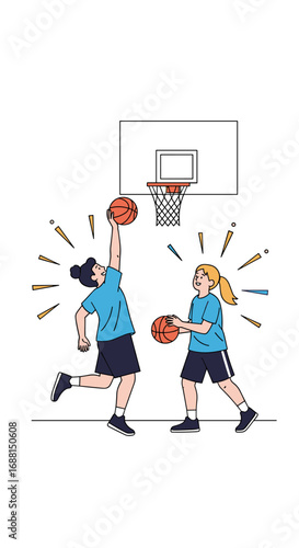 Two young athletes compete in an exciting basketball game on the court during daytime action