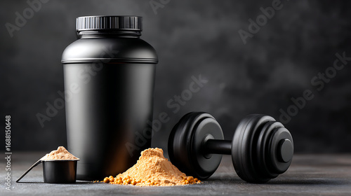 Fitness Supplements and Equipment Displayed on a Dark Surface for Healthy Lifestyle Promotion