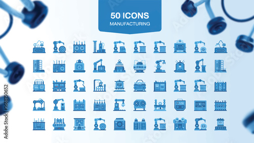 A set of 50 manufacturing-related icons arranged in a grid format against a white background. T (2)_traced