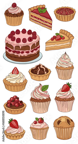 A collection of deliciously decorated cakes pies and sweet pastries for celebrations