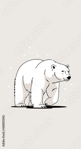 Majestic polar bear walking across a snowy arctic landscape amidst gentle snowfall