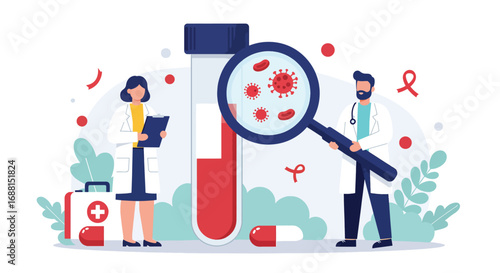 Medical Professionals Examining Blood Sample Under Magnification.