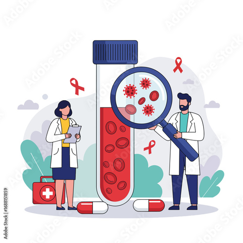 Medical Researchers Examining Blood Sample for Viruses.