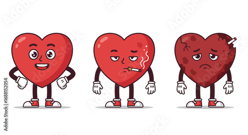 Three Cartoon Hearts Showing Different Emotions and Health.
