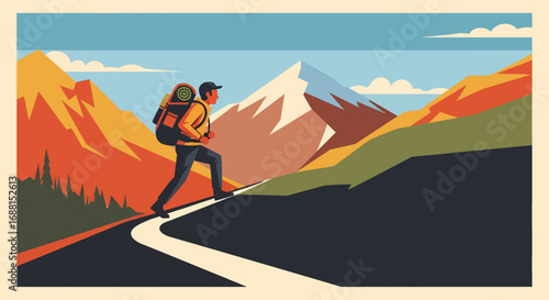 A solitary hiker with a backpack ascends a winding mountain path, surrounded by vibrant, geometric landscapes under a clear sky