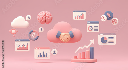 3D Business Analytics Icons Collection with Charts, AI Brain, Cloud Computing and Growth Metrics
