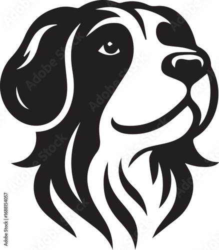 Artistic minimalist monochrome dog portrait, showcasing a friendly Bernese Mountain Dogs face in clean lines against a stark white background.